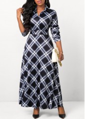 Button Plaid Black Shirt Collar Maxi Dress