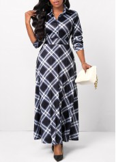 Black dresses,Plaid dresses,Button Plaid Black Shirt Collar Maxi Dress