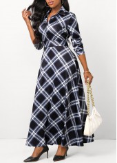 Black dresses,Plaid dresses,Button Plaid Black Shirt Collar Maxi Dress