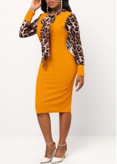 Ginger dresses,Leopard dresses,ROTITA Leopard Ginger Bowknot Long Sleeve Bodycon Dress
