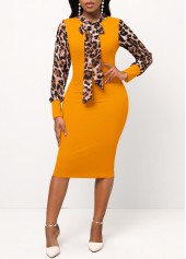 Ginger dresses,Leopard dresses,ROTITA Leopard Ginger Bowknot Long Sleeve Bodycon Dress