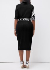 Black dresses,Houndstooth dresses,ROTITA Button Houndstooth Print Black Belted Bodycon Dress