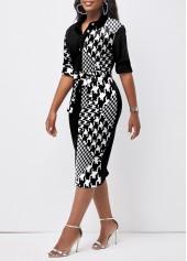 Black dresses,Houndstooth dresses,ROTITA Button Houndstooth Print Black Belted Bodycon Dress