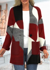 ROTITA Pocket Geometric Print Wine Red Coat