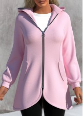 ROTITA Asymmetric Hem Pink Zipper Long Sleeve Jacket