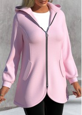 Pink outerwear & coats,Plain Color outerwear & coats,ROTITA Asymmetric Hem Pink Zipper Long Sleeve Jacket