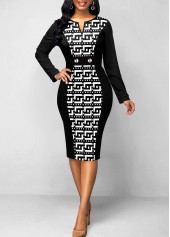 ROTITA Patchwork Baroque Print Black Split Neck Bodycon Dress