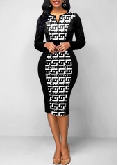 Black dresses,Tribal dresses,ROTITA Patchwork Baroque Print Black Split Neck Bodycon Dress
