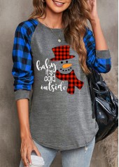 Blue tops,Christmas tops,Letter tops,Plaid tops,Long Sleeve Blue Christmas Snowman Print Sweatshirt