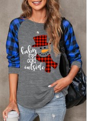 Blue tops,Christmas tops,Letter tops,Plaid tops,Long Sleeve Blue Christmas Snowman Print Sweatshirt