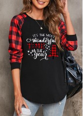 Red tops,Christmas tops,Letter tops,Plaid tops,Christmas Print Round Neck Red Long Sleeve Sweatshirt