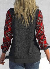 Dark Grey Marl tops,Plaid tops,ROTITA Button Tartan Print Dark Grey Marl Sweatshirt