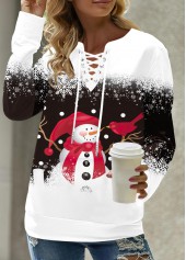 Black tops,Christmas tops,ROTITA Christmas Print Black Lace Up Collar Sweatshirt