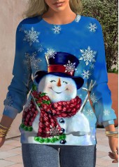 Snowman Print Blue Round Neck Christmas Sweatshirt
