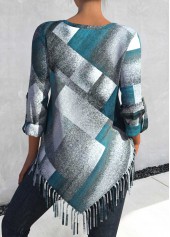 Dusty Blue tops,Plaid tops,ROTITA Plus Size Tassel Dusty Blue Plaid Round Neck Blouse