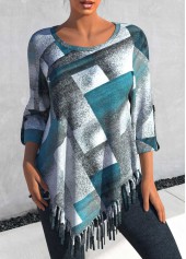 Rotita – Übergrößen – Bluse mit Rundhalsausschnitt und Quaste in Staubblau mit Karomuster