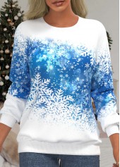 ROTITA Snowflake Print White Round Neck Long Sleeve Sweatshirt
