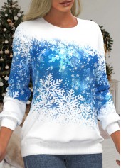 White tops,Christmas tops,ROTITA Snowflake Print White Round Neck Long Sleeve Sweatshirt