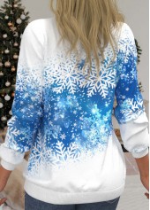 White tops,Christmas tops,ROTITA Snowflake Print White Round Neck Long Sleeve Sweatshirt