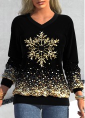 ROTITA Snowflake Print V Neck Black Long Sleeve Sweatshirt