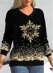Black tops,Christmas tops,ROTITA Snowflake Print V Neck Black Long Sleeve Sweatshirt