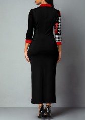 Black dresses,Houndstooth dresses,ROTITA Split Neck Black Bodycon Houndstooth Print Dress