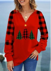 ROTITA Christmas Tree Print V Neck Red Sweatshirt