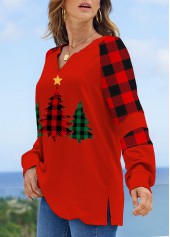 Red tops,Christmas tops,ROTITA Christmas Tree Print V Neck Red Sweatshirt