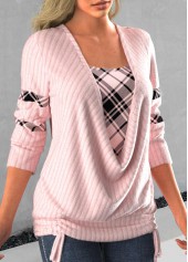 Light Pink plus size,Plaid plus size,ROTITA Plus Size Tie Side Light Pink Faux Two Piece Sweatshirt
