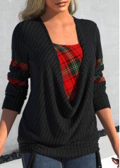 Black tops,Plaid tops,Geometric tops,ROTITA Plaid Black Faux Two Piece Tie Side Sweatshirt