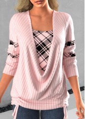 ROTITA Plus Size Tie Side Light Pink Faux Two Piece Sweatshirt