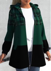 Blackish Green plus size,Plaid plus size,ROTITA Plus Size Patchwork Plaid Blackish Green Hooded Long Sleeve Jacket