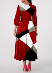 Red dresses,Geometric dresses,ROTITA Patchwork Geometric Print Red Belted V Neck Dress
