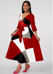 Red dresses,Geometric dresses,ROTITA Patchwork Geometric Print Red Belted V Neck Dress