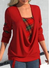 Red plus size,Plaid plus size,ROTITA Plus Size Drawstring Plaid Red Square Neck Long Sleeve Sweatshirt