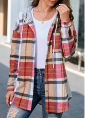 Multi Color outerwear & coats,Plaid outerwear & coats,Geometric outerwear & coats,ROTITA Button Plaid Multi Color Hooded Long Sleeve Coat