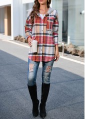 Multi Color outerwear & coats,Plaid outerwear & coats,Geometric outerwear & coats,ROTITA Button Plaid Multi Color Hooded Long Sleeve Coat