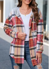 Multi Color outerwear & coats,Plaid outerwear & coats,Geometric outerwear & coats,ROTITA Button Plaid Multi Color Hooded Long Sleeve Coat