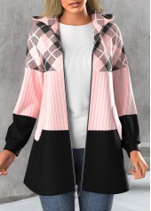 ROTITA Plus Size Zipper Plaid Light Pink Hooded Long Sleeve Jacket