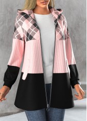 Light Pink plus size,Plaid plus size,ROTITA Plus Size Zipper Plaid Light Pink Hooded Long Sleeve Jacket