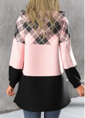 Light Pink plus size,Plaid plus size,ROTITA Plus Size Zipper Plaid Light Pink Hooded Long Sleeve Jacket