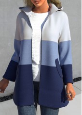 Blue plus size,Contrast Color plus size,ROTITA Plus Size Patchwork Blue Hooded Long Sleeve Jacket