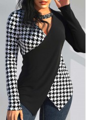Black plus size,Houndstooth plus size,ROTITA Plus Size Sequin Houndstooth Print Black V Neck T Shirt