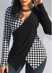 ROTITA Plus Size Sequin Houndstooth Print Black V Neck T Shirt