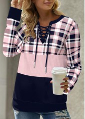 Light Pink tops,Plaid tops,ROTITA Lace Up Plaid Light Pink Long Sleeve Sweatshirt