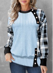 ROTITA Button Plaid Light Blue Round Neck Sweatshirt