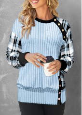 Light Blue tops,Plaid tops,ROTITA Button Plaid Light Blue Round Neck Sweatshirt