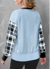 Light Blue tops,Plaid tops,ROTITA Button Plaid Light Blue Round Neck Sweatshirt