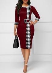 ROTITA Bowknot Houndstooth Print Deep Red Bodycon Dress