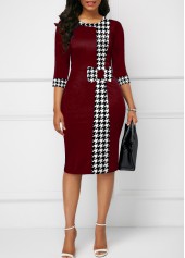 Deep Red dresses,Houndstooth dresses,ROTITA Bowknot Houndstooth Print Deep Red Bodycon Dress